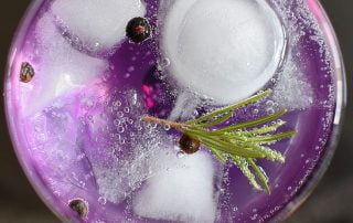 Nahaufnahme eines winterlich dekorierten Cocktails mit Rosmarin und Eiswürfeln, der lila schimmert