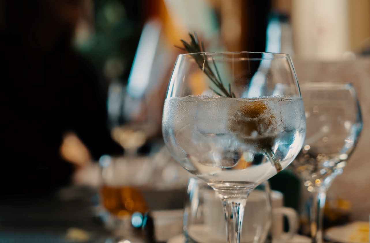 Gin Tonic mit Rosmarinzweig und Eis im Ballonglas