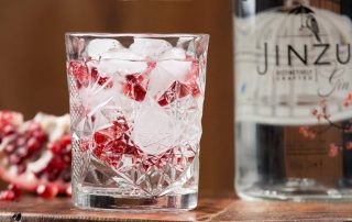 Tumbler Glas mit einem Gin Tonic, Eis und roten Beeren. Im Hintergrund eine Flasche Jinzu Gin.