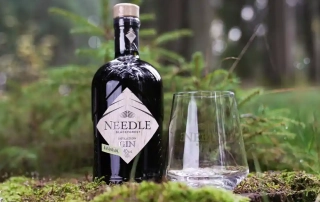 Needle Dry Gin mit Glas im Wald auf einem großen Stein