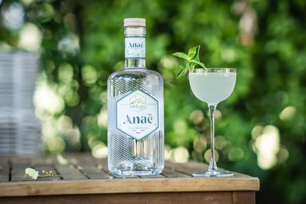 Anaë Gin mit Cocktail auf Gartentisch