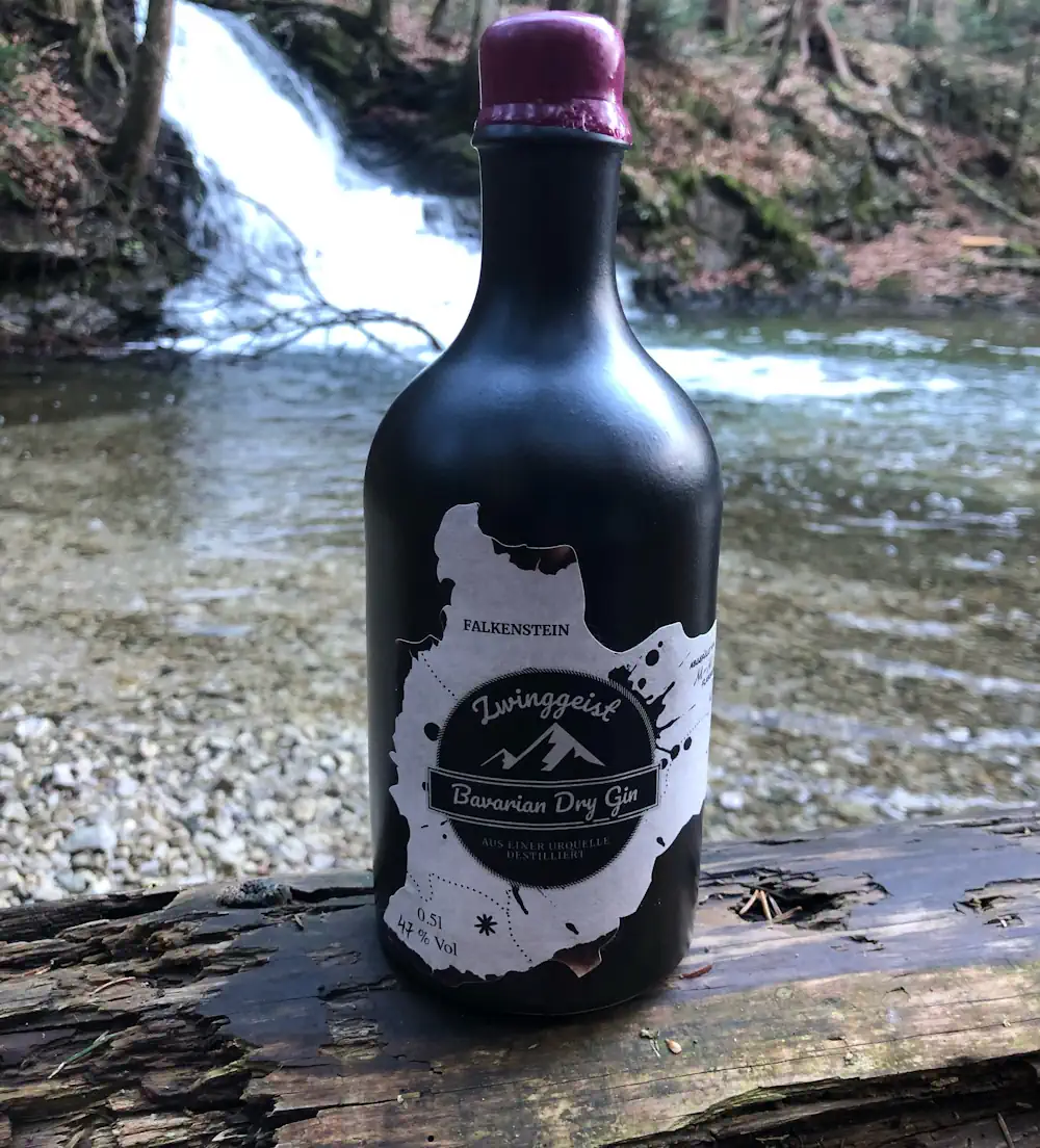 Zwinggeist Falkenstein Gin auf Holzstamm, im Hintergrund ein Gewässer im Wald mit kleinem Wasserfall
